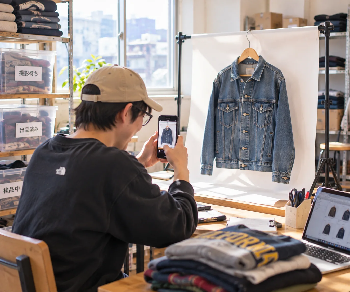 GLOW WORKS 生野で、デニムジャケットをスマートフォンで撮影している作業の様子。