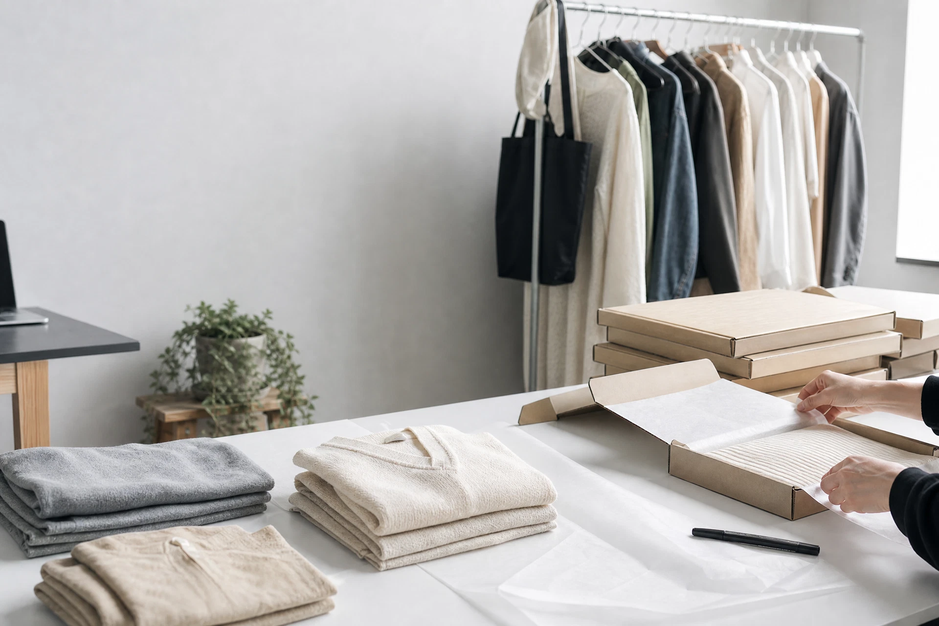 服と梱包資材を使った発送準備の作業イメージ