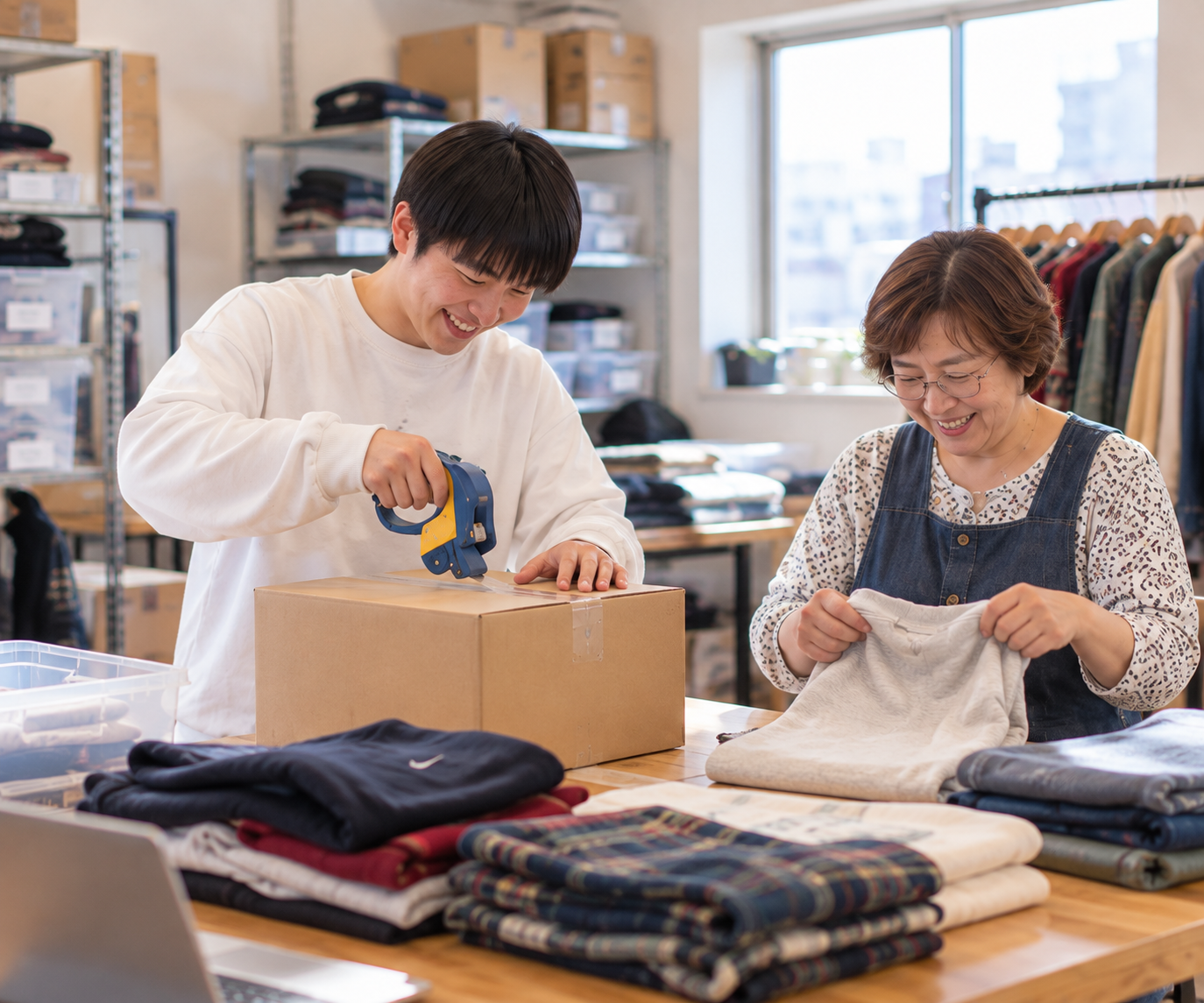 GLOW WORKS 生野で、衣類の確認と梱包作業を行っている様子。